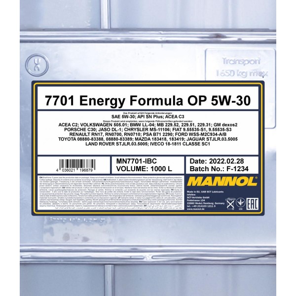Mannol 7701 Energy Formula OP 5W-30 Motoröl 1000l IBC Container