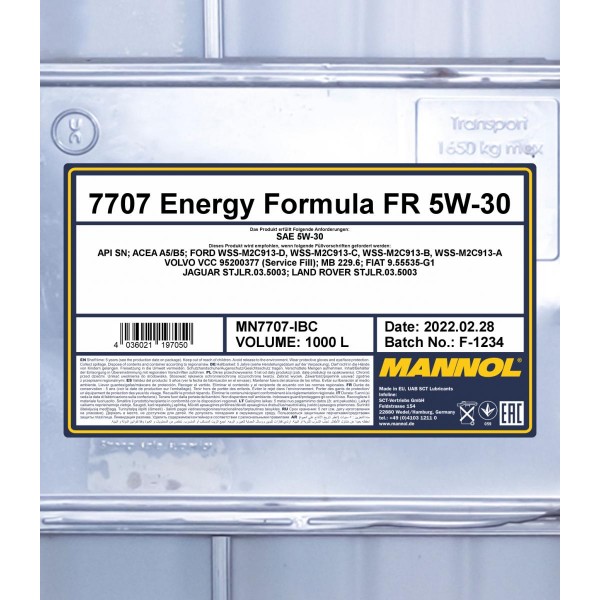 Mannol 7707 Energy Formula FR 5W-30 Motoröl 1000l IBC Container